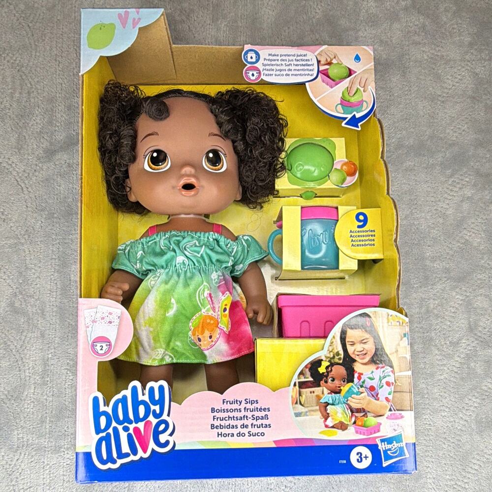 Baby Alive Fruity Sips Girl Baby Doll Dark Skin Curly Black Hair Brown Eyes 9pc